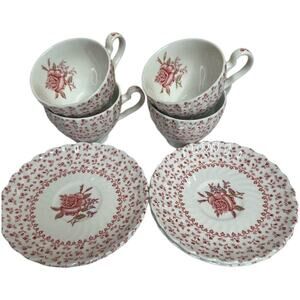 Rose Bouquet by Johnson Bros Ironstone Mauve Pink 4 Cups & 4 Saucers